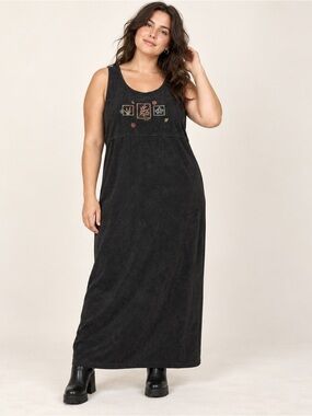 Vintage 90s Expressions Black Faux Suede Embroidered Maxi Dress Large